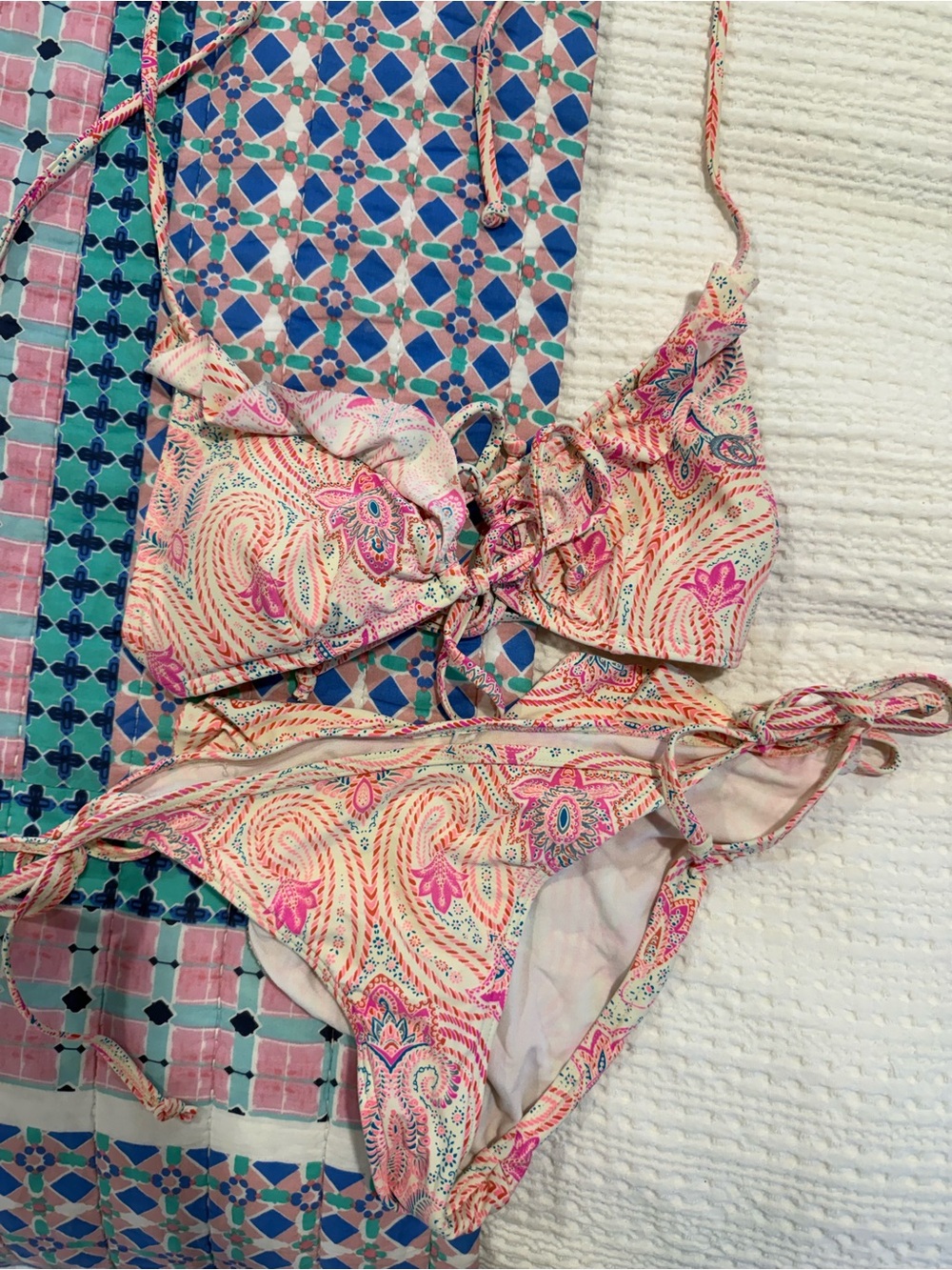 Women’s Pink Paisley Lace-Up Bandeau Bikini Set
